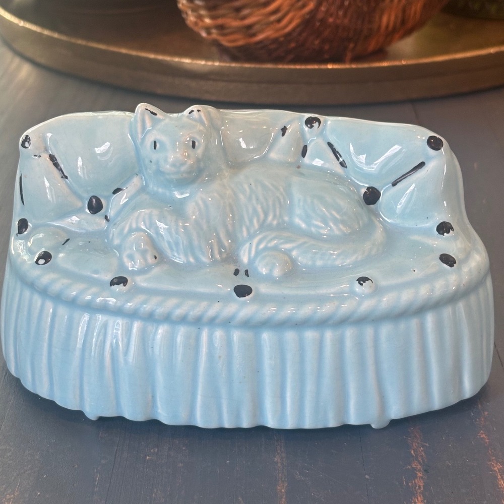 Vintage Blue Ceramic Cat on Sofa Planter Mid Century Kitsch Figurine